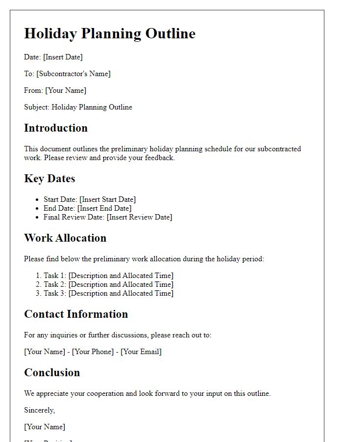 Letter template of subcontractor holiday planning outline