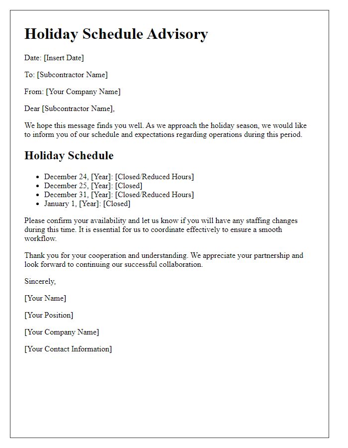 Letter template of subcontractor holiday schedule advisory