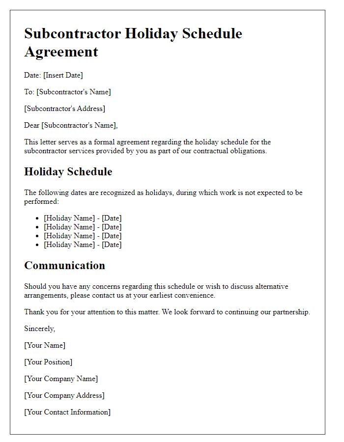 Letter template of subcontractor holiday schedule agreement