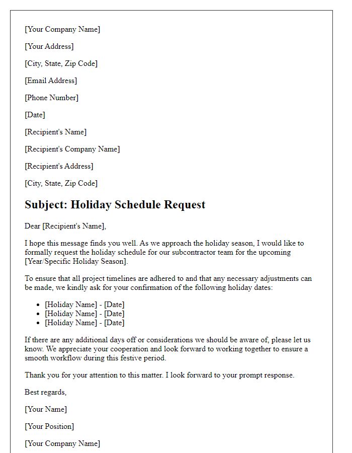 Letter template of subcontractor holiday schedule request