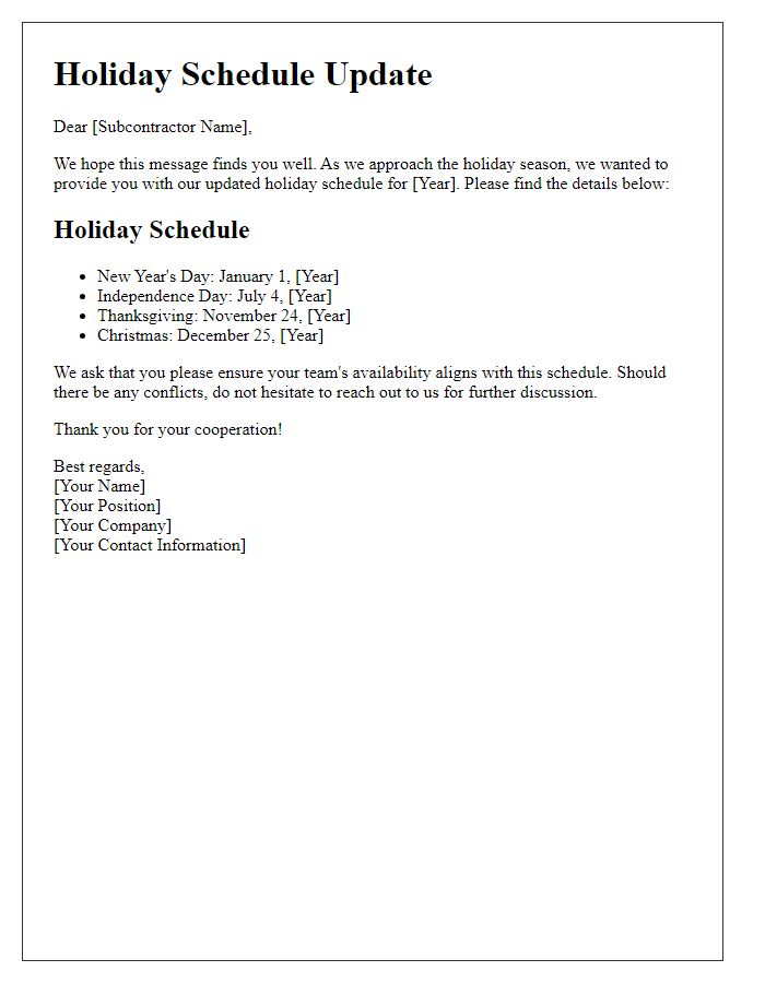 Letter template of subcontractor holiday schedule update