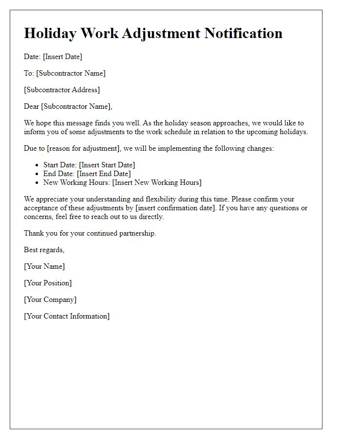 Letter template of subcontractor holiday work adjustment notification