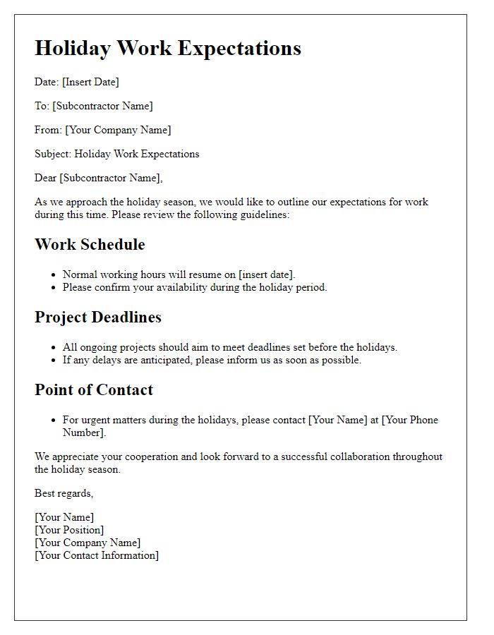 Letter template of subcontractor holiday work expectations