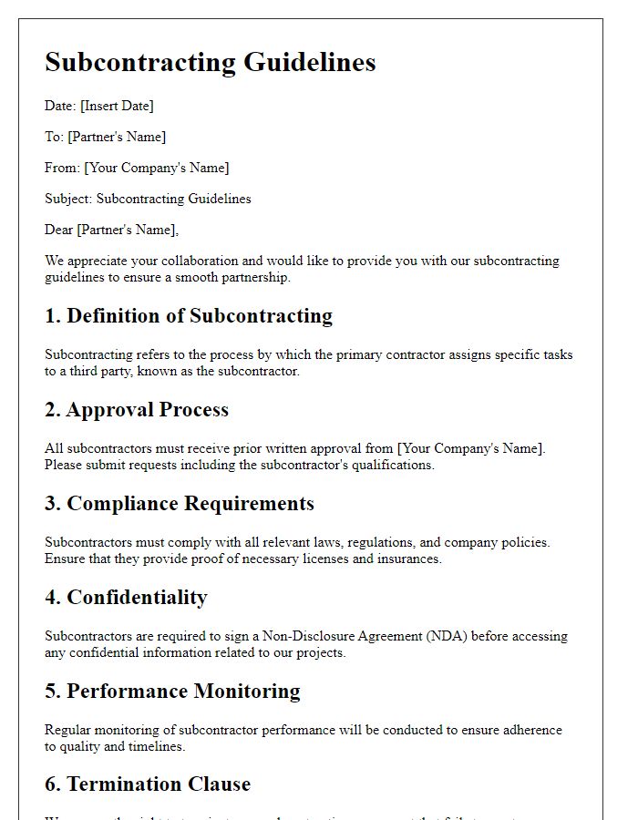 Letter template of subcontracting guidelines for partners