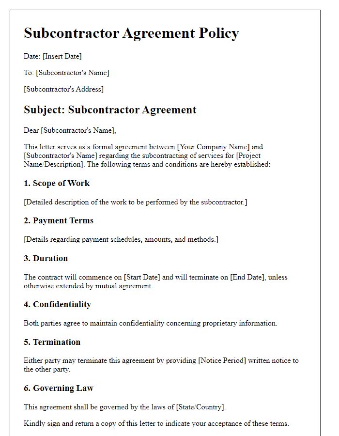 Letter template of subcontractor agreement policy