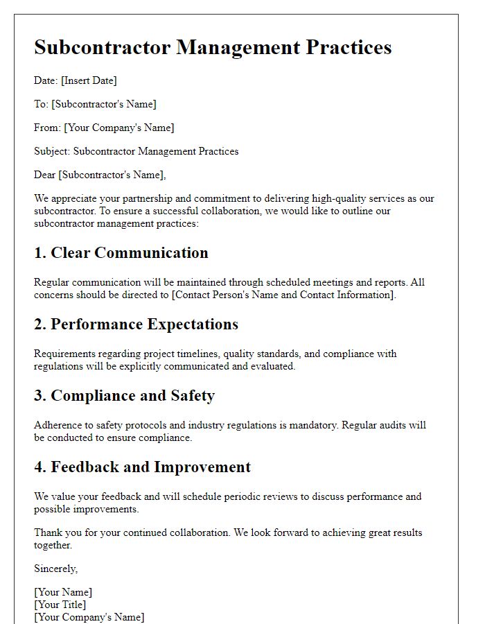 Letter template of subcontractor management practices