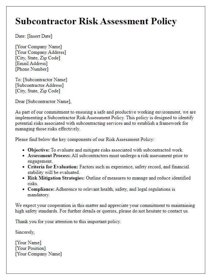 Letter template of subcontractor risk assessment policy