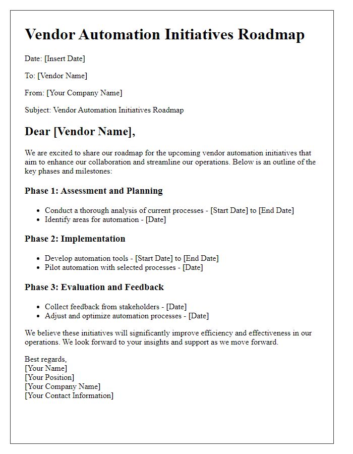 Letter template of vendor automation initiatives roadmap