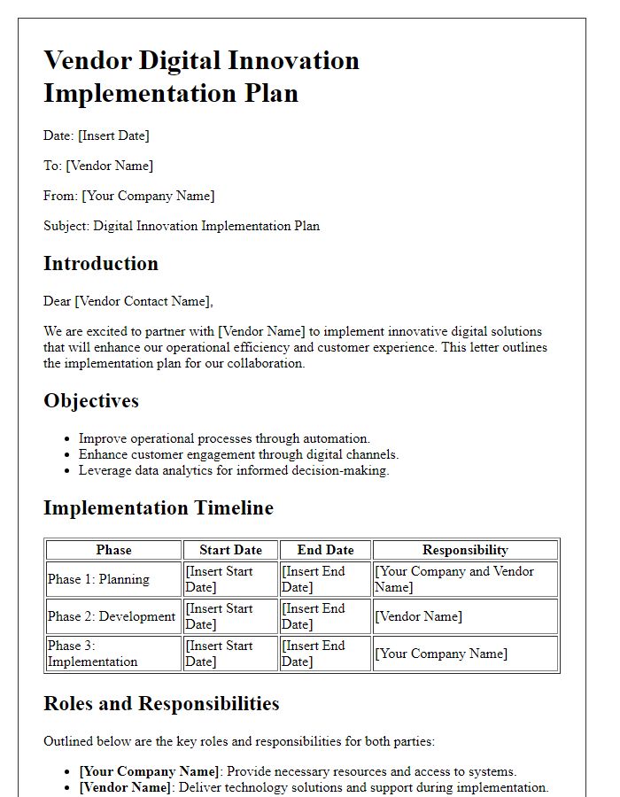 Letter template of vendor digital innovation implementation plan