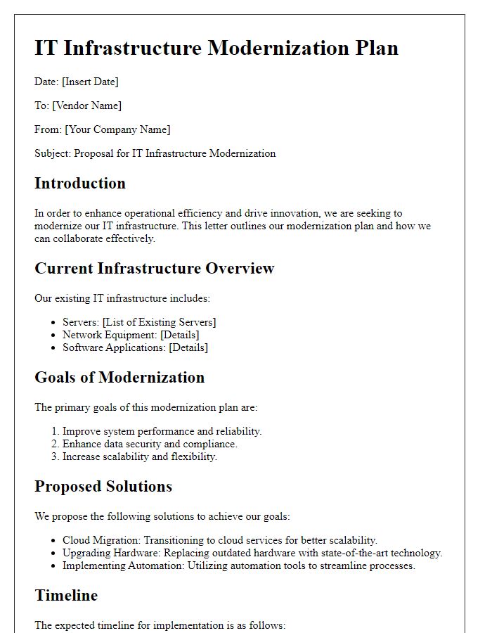 Letter template of vendor IT infrastructure modernization plan