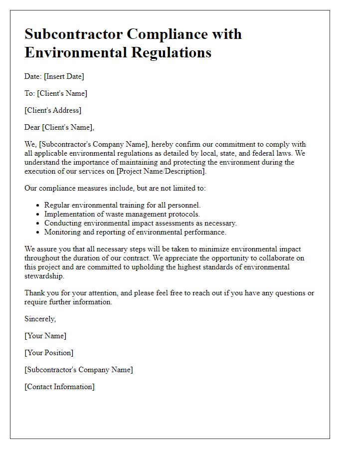 Letter template of subcontractor compliance with environmental regulations