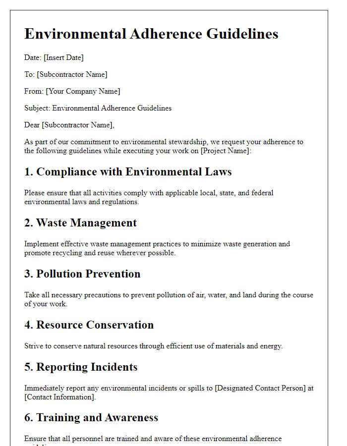 Letter template of subcontractor environmental adherence guidelines