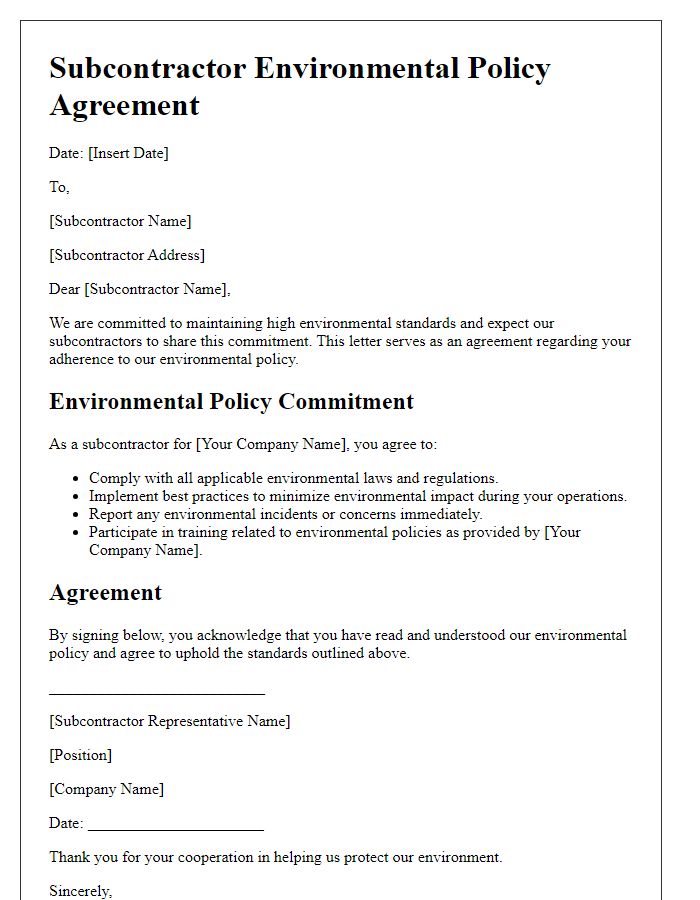 Letter template of subcontractor environmental policy agreement