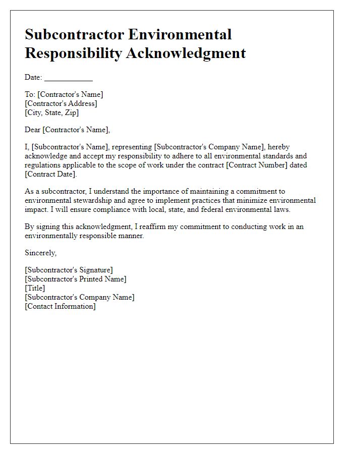 Letter template of subcontractor environmental responsibility acknowledgment