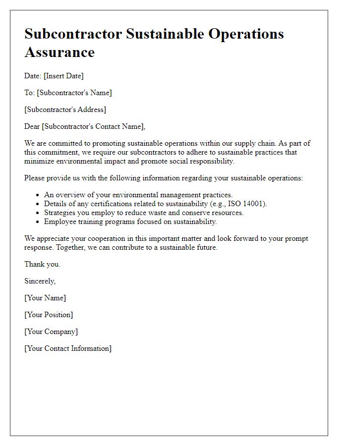 Letter template of subcontractor sustainable operations assurance