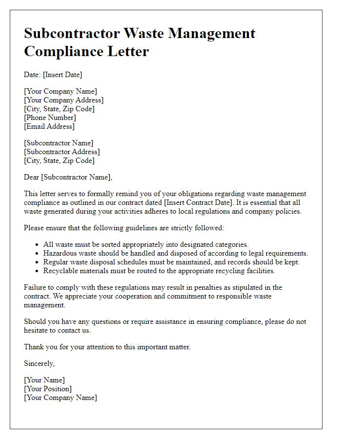 Letter template of subcontractor waste management compliance