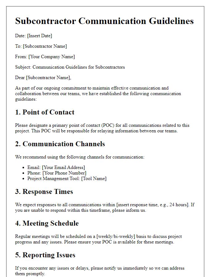 Letter template of subcontractor communication guidelines