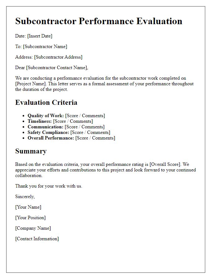 Letter template of subcontractor performance evaluation