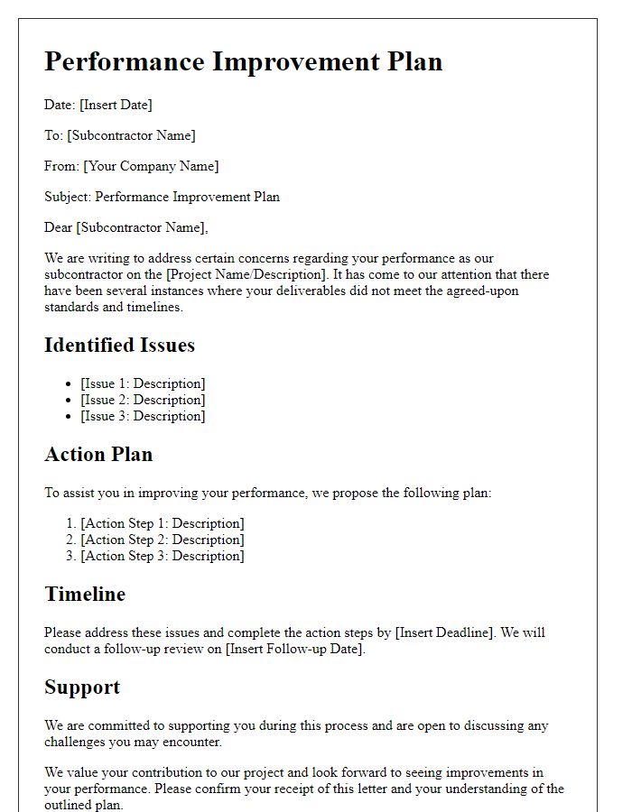 Letter template of subcontractor performance improvement plan