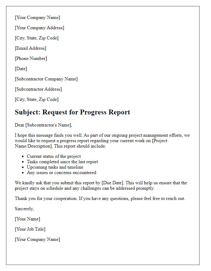 Letter template of subcontractor progress report request