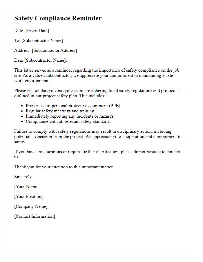 Letter template of subcontractor safety compliance reminder