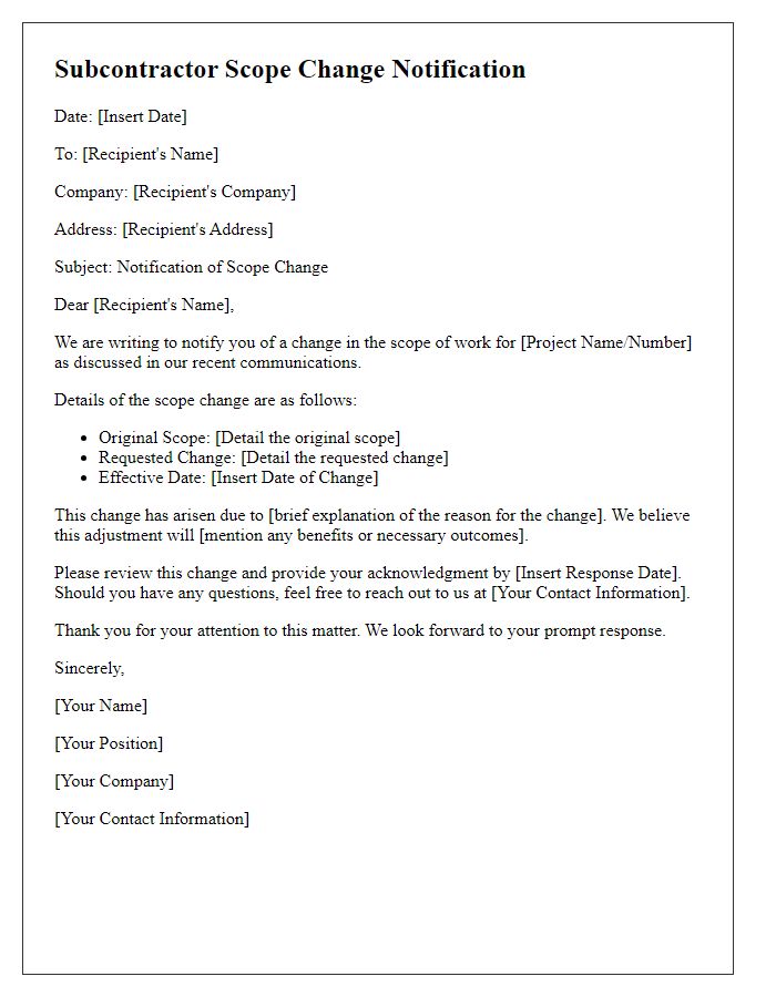 Letter template of subcontractor scope change notification