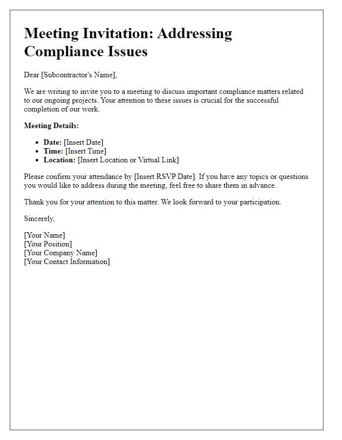 Letter template of subcontractor meeting invitation to address compliance issues.