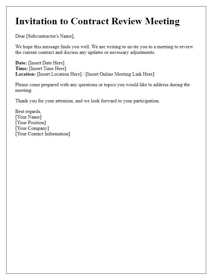 Letter template of subcontractor meeting invitation for contract review.