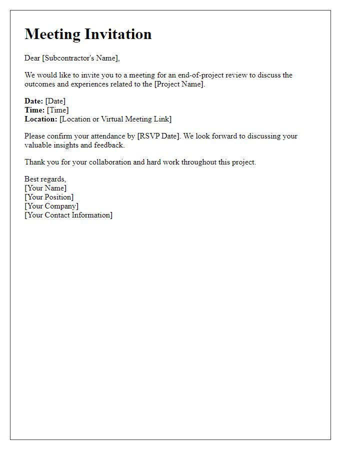 Letter template of subcontractor meeting invitation for end-of-project review.