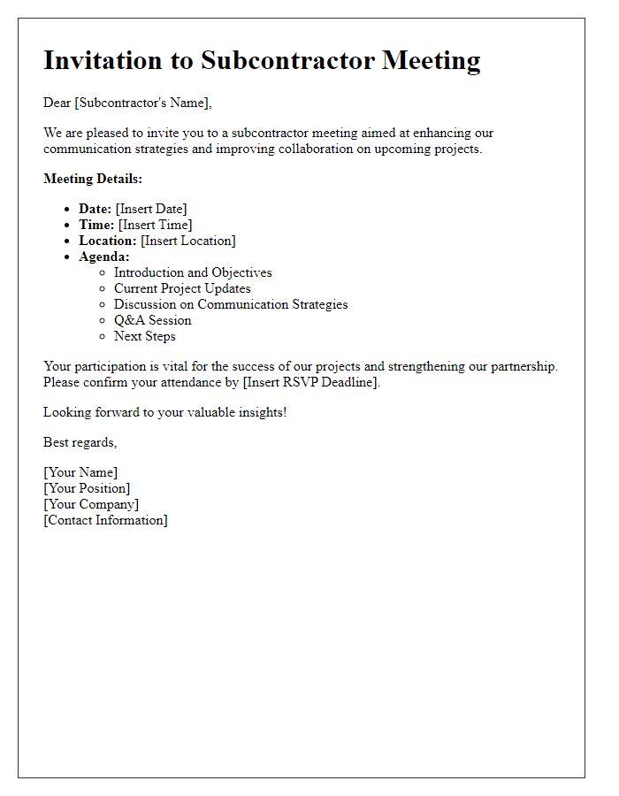 Letter template of subcontractor meeting invitation to enhance communication strategies.