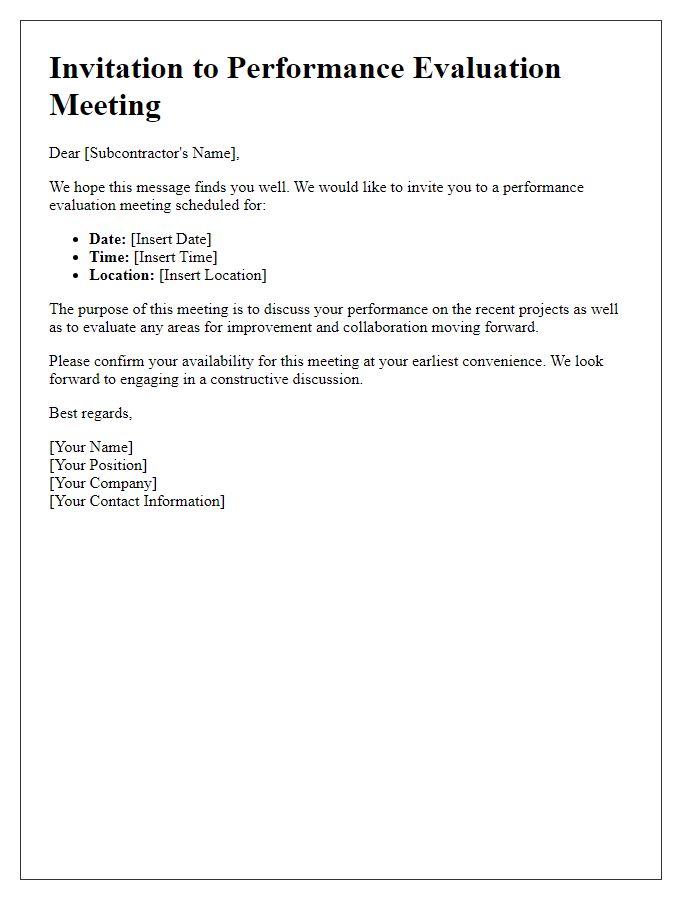 Letter template of subcontractor meeting invitation for performance evaluations.