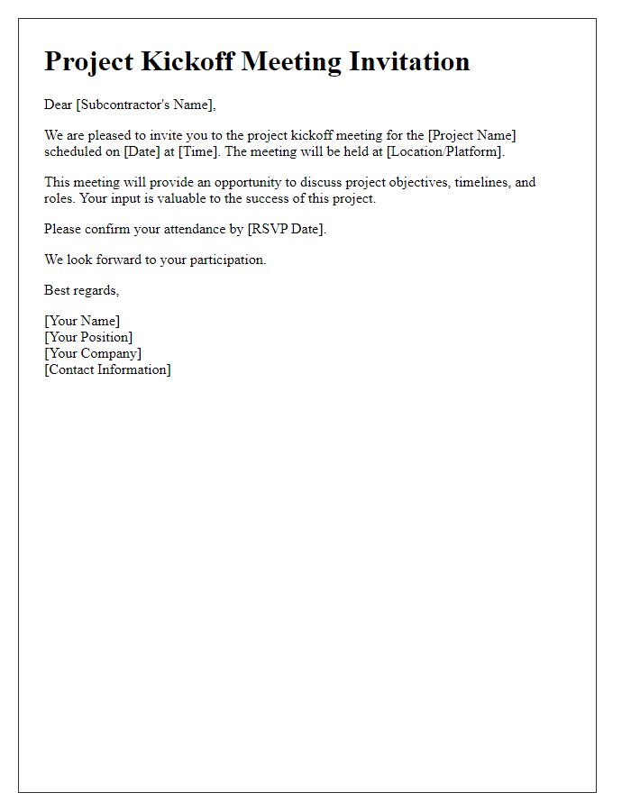 Letter template of subcontractor meeting invitation for project kickoff.