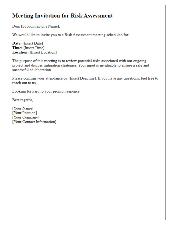 Letter template of subcontractor meeting invitation for risk assessment.