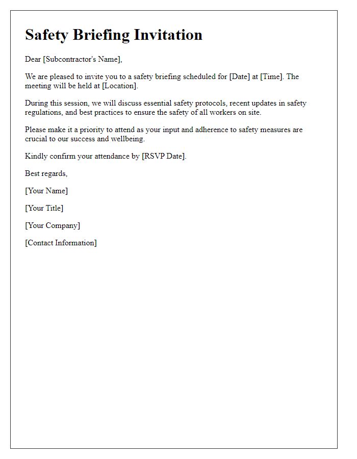 Letter template of subcontractor meeting invitation for safety briefing.