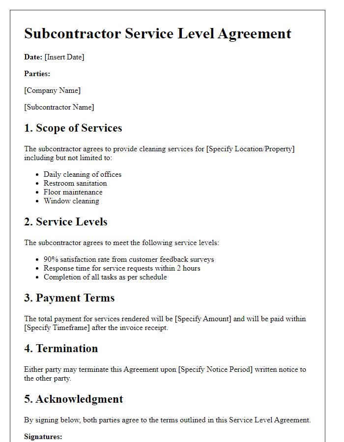 Letter template of Subcontractor Service Level Agreement for Cleaning Services