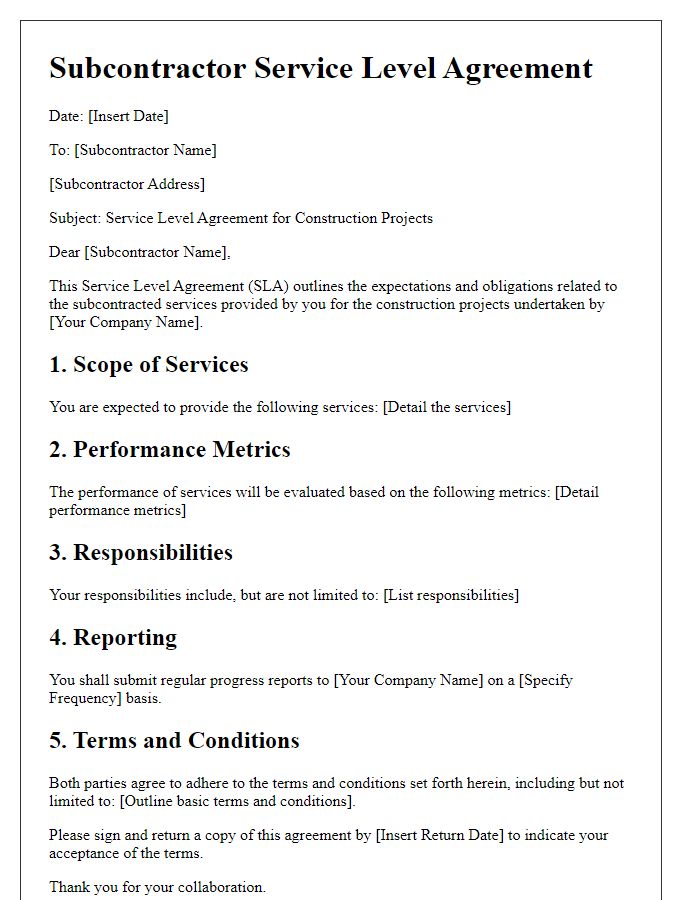 Letter template of Subcontractor Service Level Agreement for Construction Projects