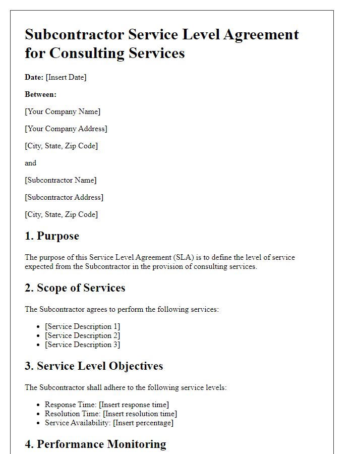 Letter template of Subcontractor Service Level Agreement for Consulting Services