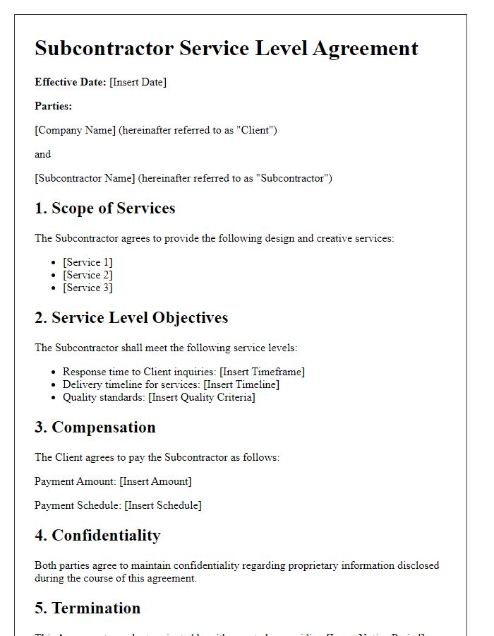 Letter template of Subcontractor Service Level Agreement for Design and Creative Services