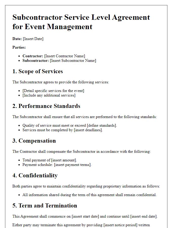 Letter template of Subcontractor Service Level Agreement for Event Management