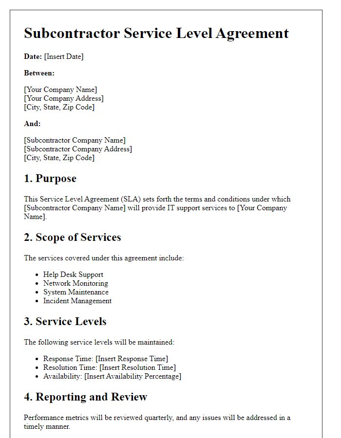 Letter template of Subcontractor Service Level Agreement for IT Support Services