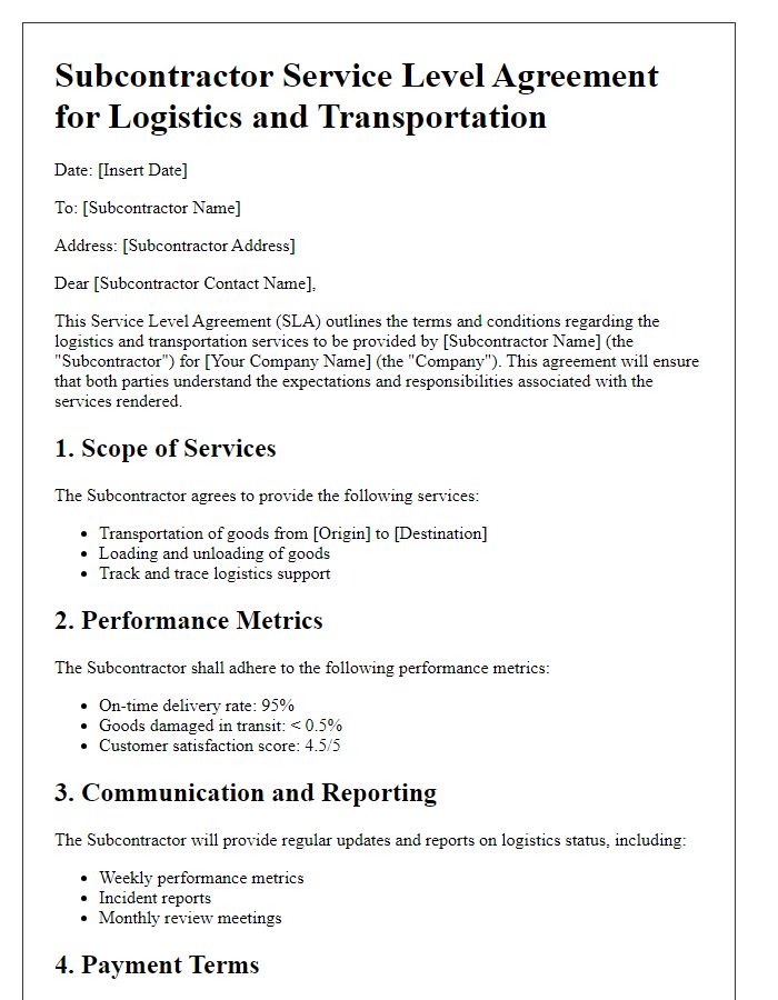 Letter template of Subcontractor Service Level Agreement for Logistics and Transportation