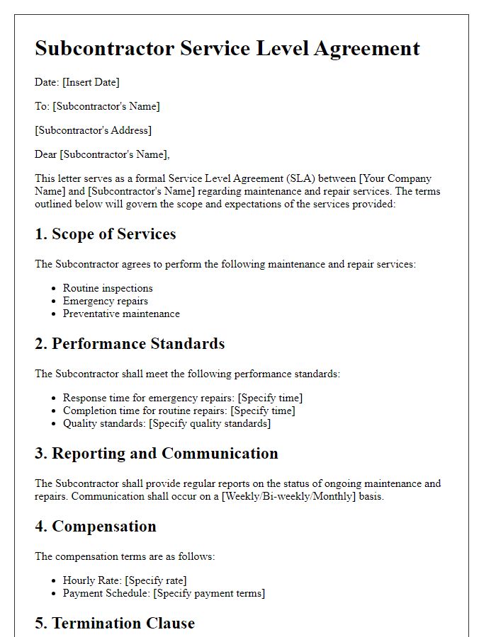 Letter template of Subcontractor Service Level Agreement for Maintenance and Repairs