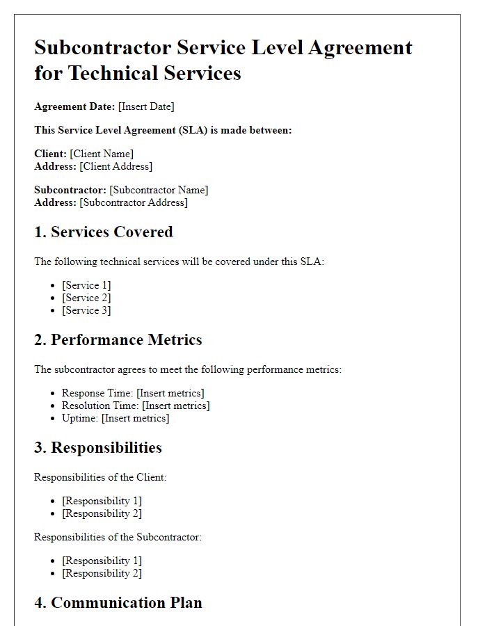 Letter template of Subcontractor Service Level Agreement for Technical Services