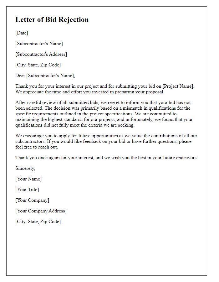 Letter template of subcontractor bid rejection based on qualifications mismatch.