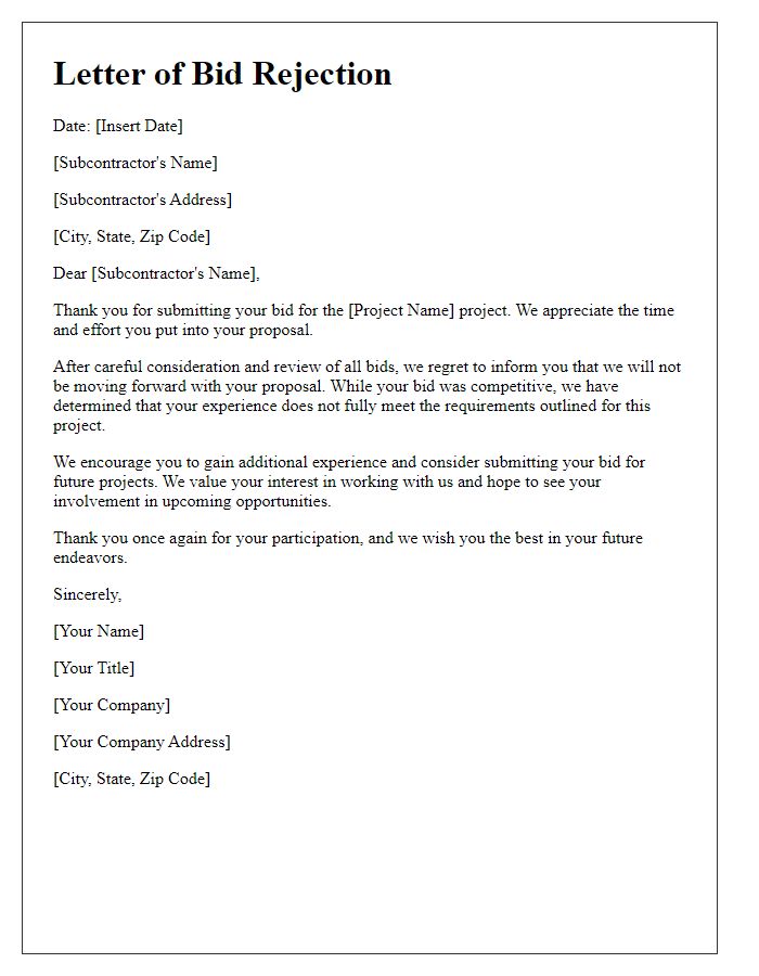 Letter template of subcontractor bid rejection because of insufficient experience.