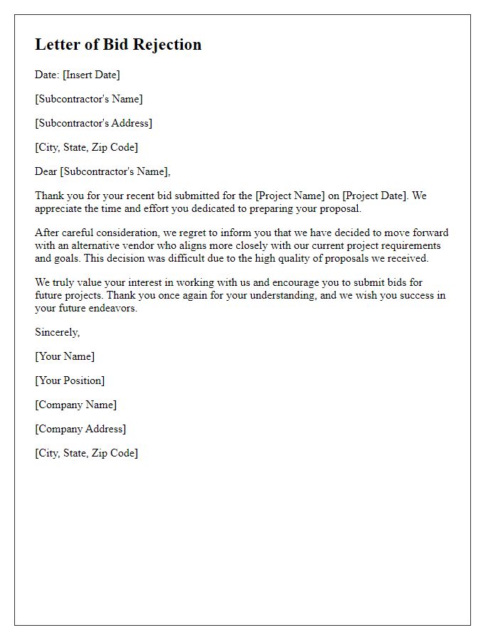 Letter template of subcontractor bid rejection due to selecting a preferred vendor.