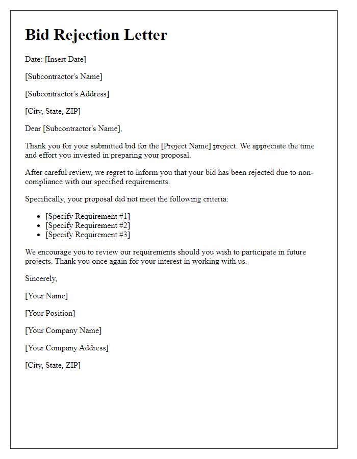 Letter template of subcontractor bid rejection for non-compliance with requirements.