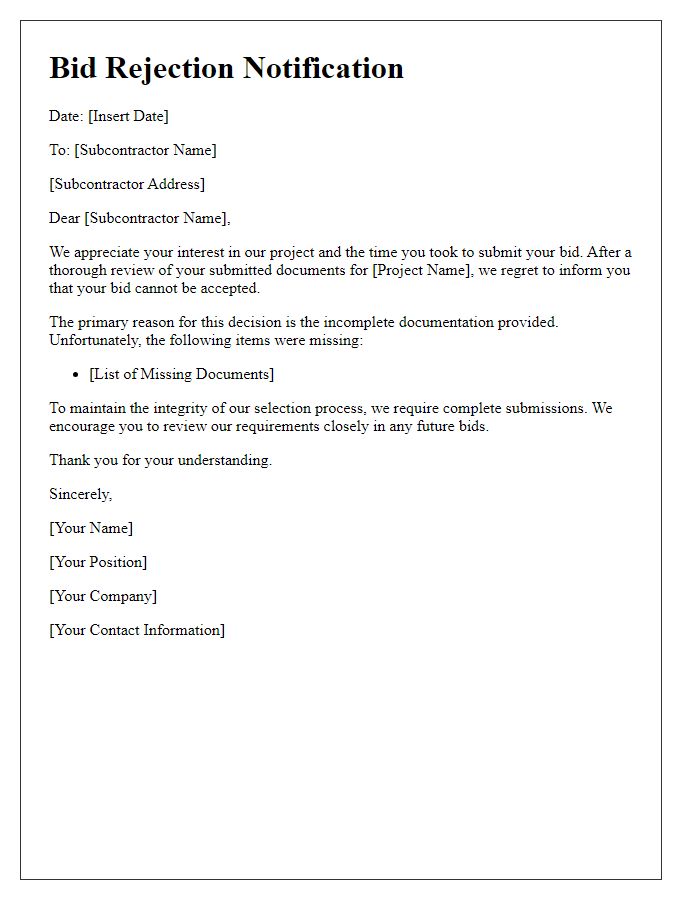 Letter template of subcontractor bid rejection owing to incomplete documentation.