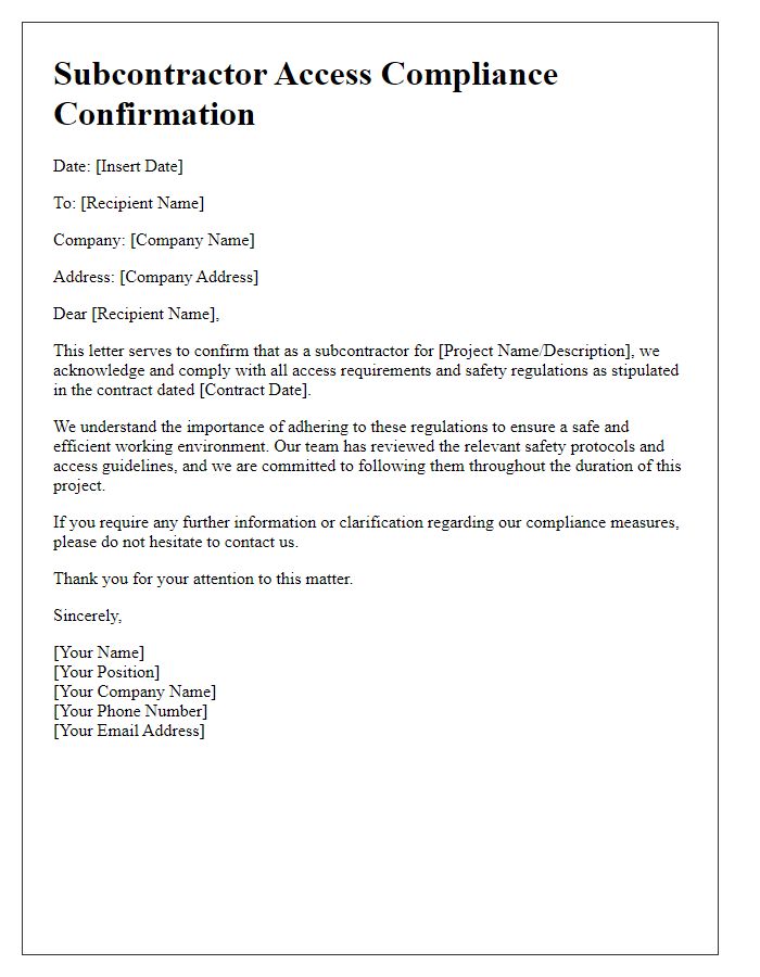 Letter template of subcontractor access compliance confirmation.