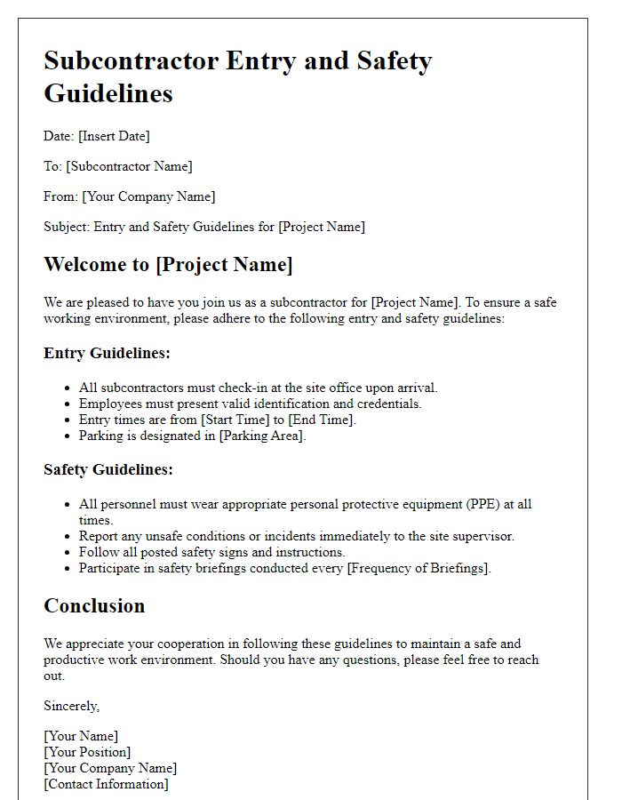 Letter template of subcontractor entry and safety guidelines.